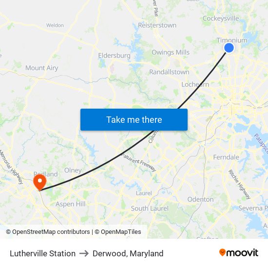 Lutherville Station to Derwood, Maryland map