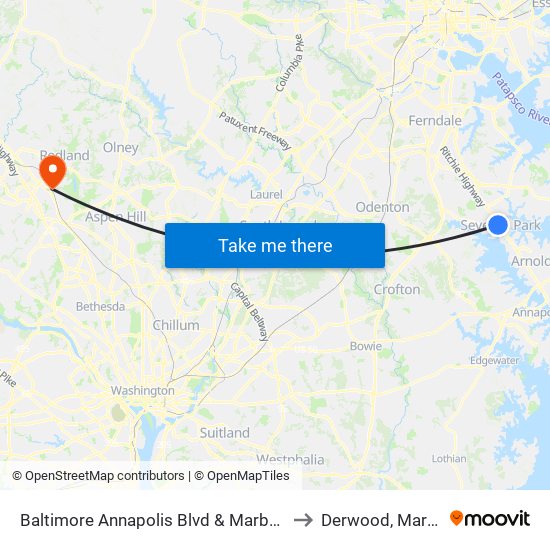 Baltimore Annapolis Blvd & Marbury Rd Sb to Derwood, Maryland map