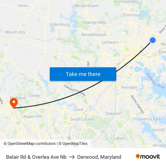 Belair Rd & Overlea Ave Nb to Derwood, Maryland map