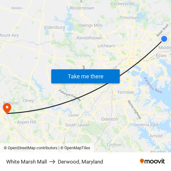 White Marsh Mall to Derwood, Maryland map