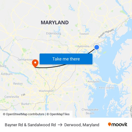 Bayner Rd & Sandalwood Rd to Derwood, Maryland map