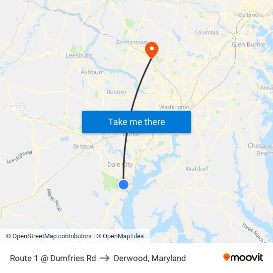 Route 1 @ Dumfries Rd to Derwood, Maryland map