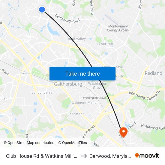 Club House Rd & Watkins Mill Rd to Derwood, Maryland map