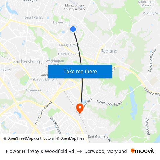 Flower Hill Way & Woodfield Rd to Derwood, Maryland map