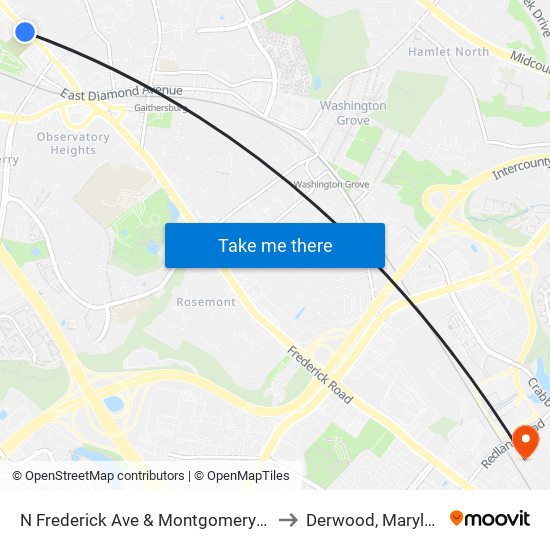 N Frederick Ave & Montgomery Ave to Derwood, Maryland map