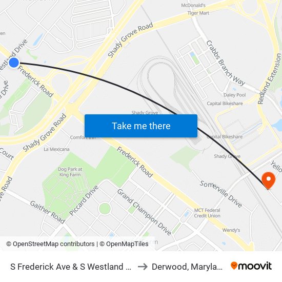 S Frederick Ave & S Westland Dr to Derwood, Maryland map