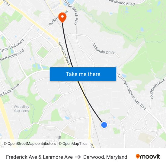 Frederick Ave & Lenmore Ave to Derwood, Maryland map