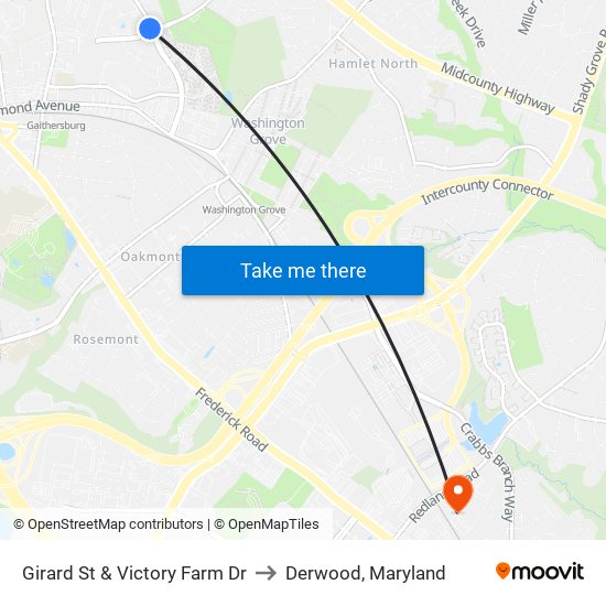 Girard St & Victory Farm Dr to Derwood, Maryland map