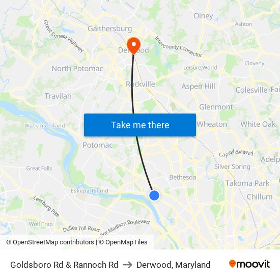 Goldsboro Rd & Rannoch Rd to Derwood, Maryland map