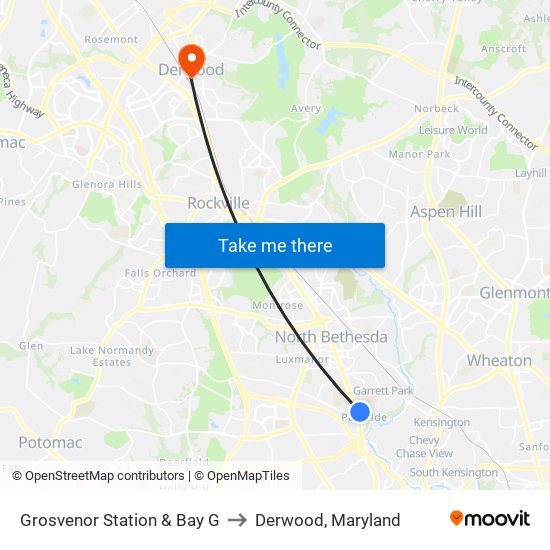 Grosvenor Station & Bay G to Derwood, Maryland map