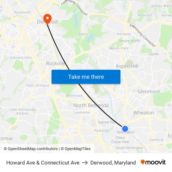 Howard Ave & Connecticut Ave to Derwood, Maryland map