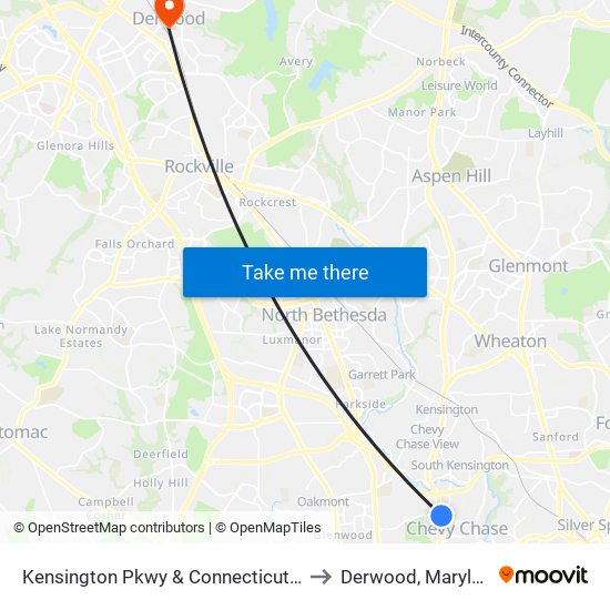 Kensington Pkwy & Connecticut Ave to Derwood, Maryland map