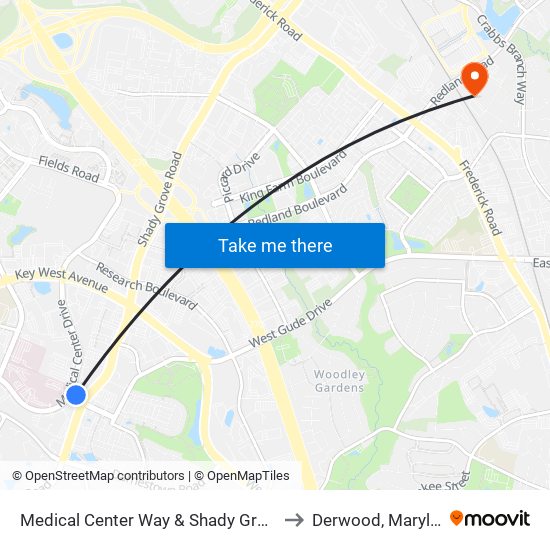 Medical Center Way & Shady Grove Rd to Derwood, Maryland map