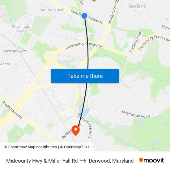 Midcounty Hwy & Miller Fall Rd to Derwood, Maryland map