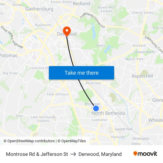 Montrose Rd & Jefferson St to Derwood, Maryland map