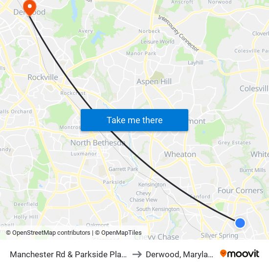 Manchester Rd & Parkside Plaza to Derwood, Maryland map