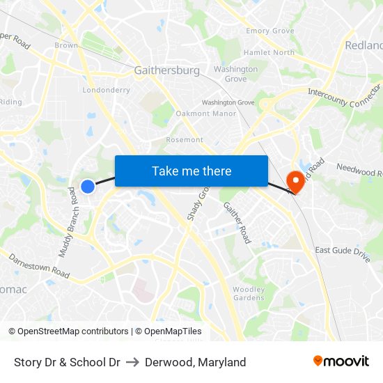 Story Dr & School Dr to Derwood, Maryland map