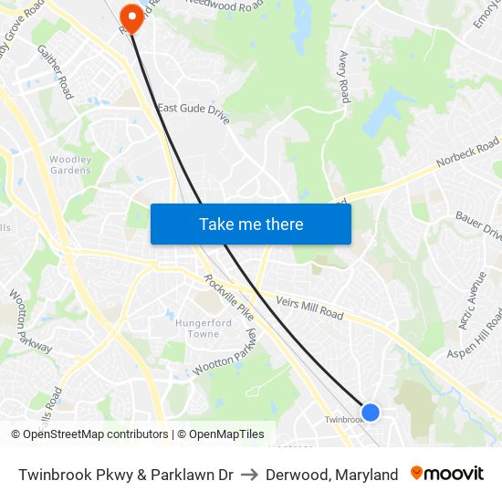 Twinbrook Pkwy & Parklawn Dr to Derwood, Maryland map