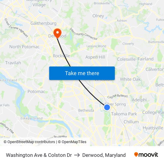 Washington Ave & Colston Dr to Derwood, Maryland map