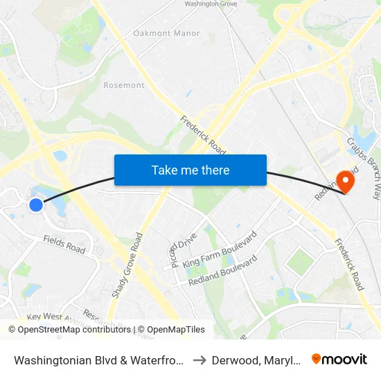 Washingtonian Blvd & Waterfront Pl to Derwood, Maryland map