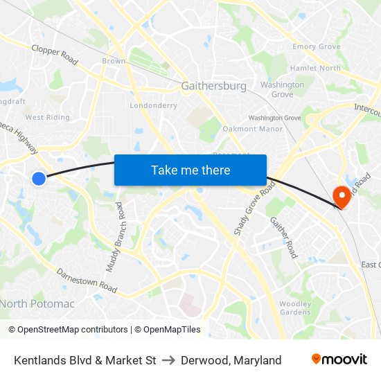 Kentlands Blvd & Market St to Derwood, Maryland map