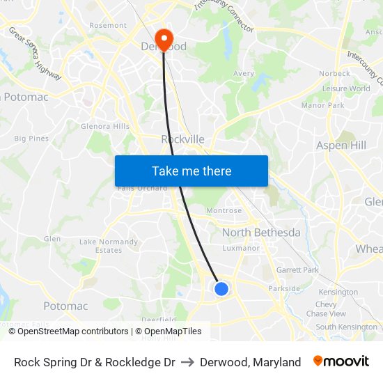 Rock Spring Dr & Rockledge Dr to Derwood, Maryland map