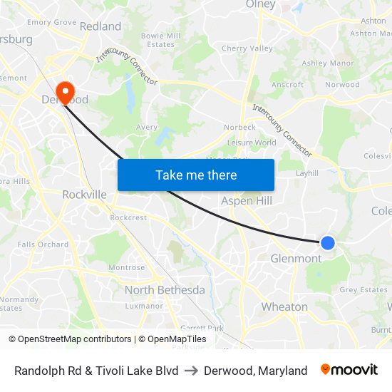 Randolph Rd & Tivoli Lake Blvd to Derwood, Maryland map