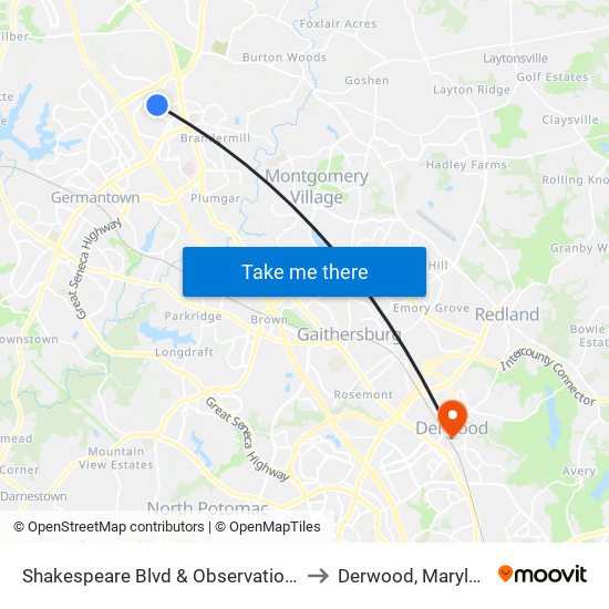 Shakespeare Blvd & Observation Dr to Derwood, Maryland map