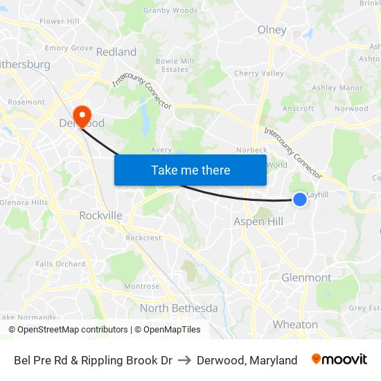 Bel Pre Rd & Rippling Brook Dr to Derwood, Maryland map