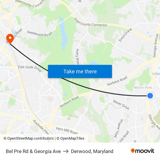 Bel Pre Rd & Georgia Ave to Derwood, Maryland map