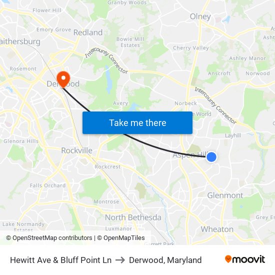 Hewitt Ave & Bluff Point Ln to Derwood, Maryland map