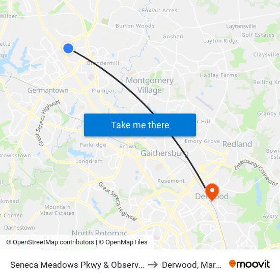 Seneca Meadows Pkwy & Observation Dr to Derwood, Maryland map