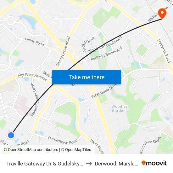 Traville Gateway Dr & Gudelsky Dr to Derwood, Maryland map