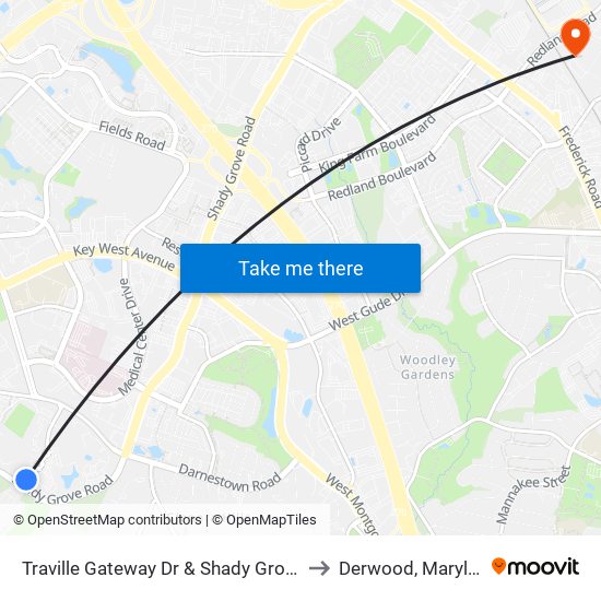 Traville Gateway Dr & Shady Grove Rd to Derwood, Maryland map