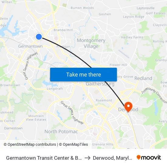 Germantown Transit Center & Bay F to Derwood, Maryland map