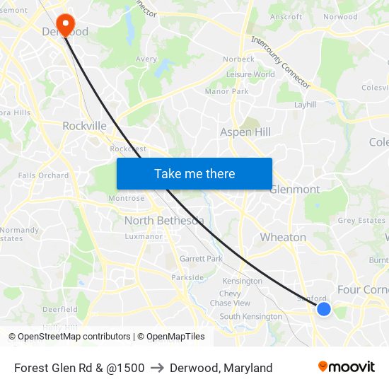 Forest Glen Rd & @1500 to Derwood, Maryland map