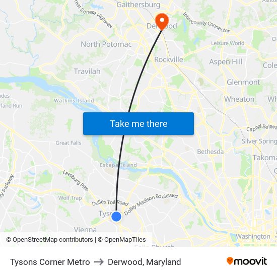 Tysons Corner Metro to Derwood, Maryland map