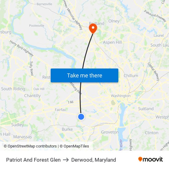 Patriot And Forest Glen to Derwood, Maryland map