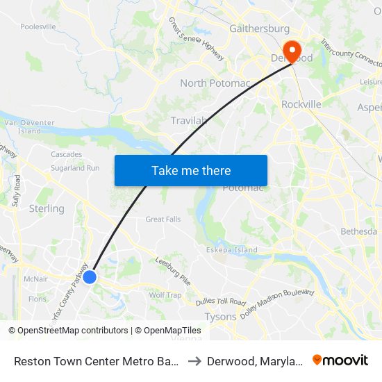 Reston Town Center Metro Bay L to Derwood, Maryland map