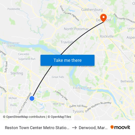 Reston Town Center Metro Station S Bay B to Derwood, Maryland map