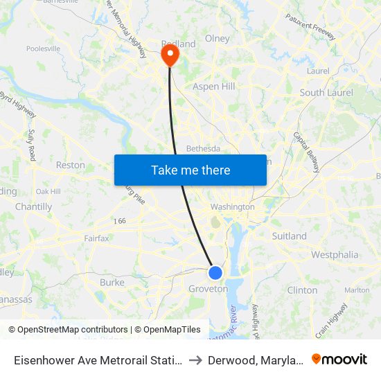 Eisenhower Ave Metrorail Station to Derwood, Maryland map