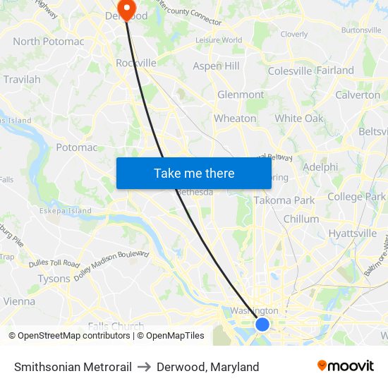 Smithsonian Metrorail to Derwood, Maryland map