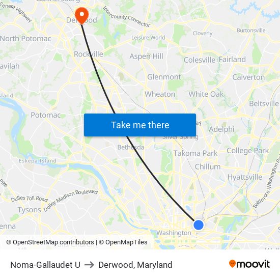 Noma-Gallaudet U to Derwood, Maryland map