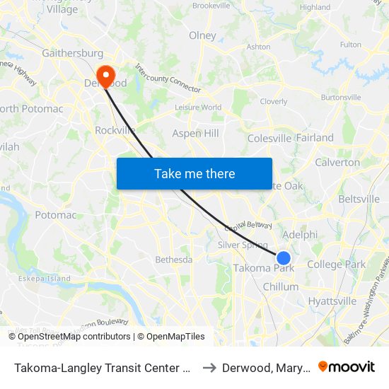 Takoma-Langley Transit Center & Bay E to Derwood, Maryland map