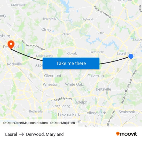 Laurel to Derwood, Maryland map
