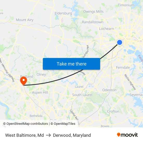 West Baltimore, Md to Derwood, Maryland map