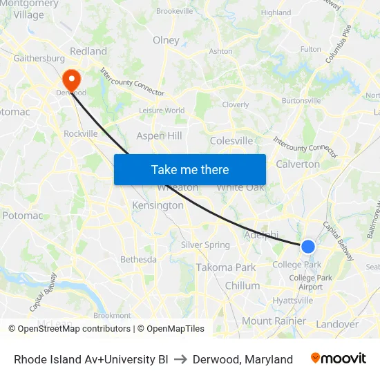 Rhode Island Av+University Bl to Derwood, Maryland map