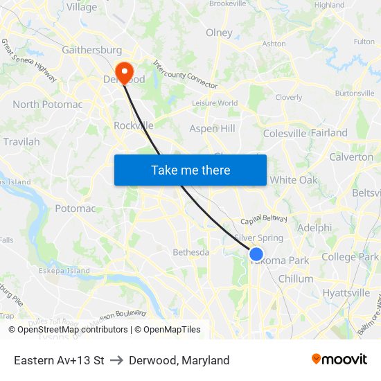 Eastern Av+13 St to Derwood, Maryland map