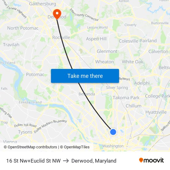 16 St Nw+Euclid St NW to Derwood, Maryland map