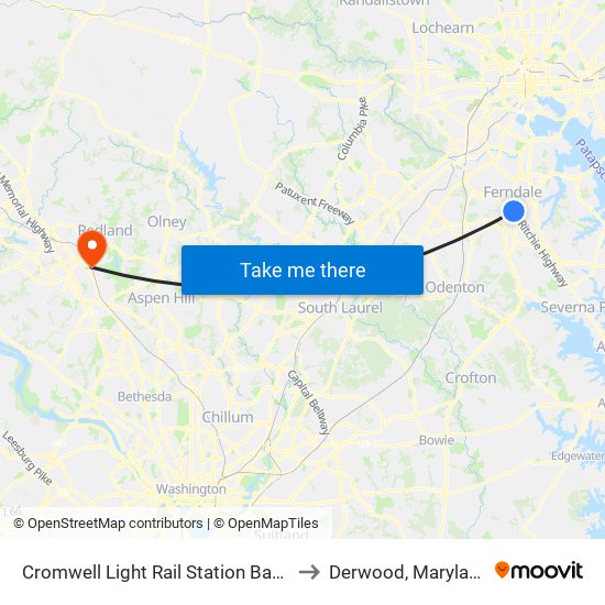 Cromwell Light Rail Station Bay 1 to Derwood, Maryland map